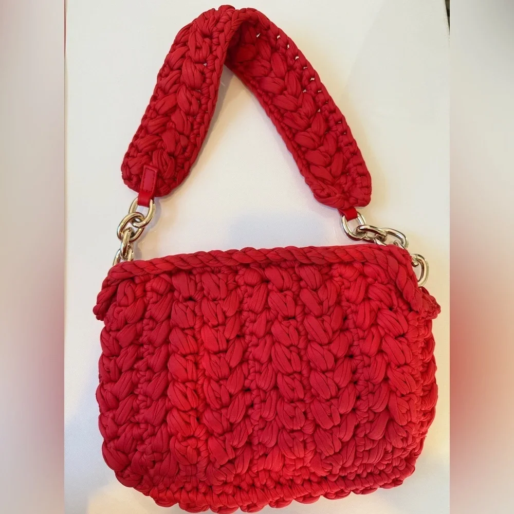 H&M Red Crochet Jersey Shoulder Bag Woven Gold Chain Strap